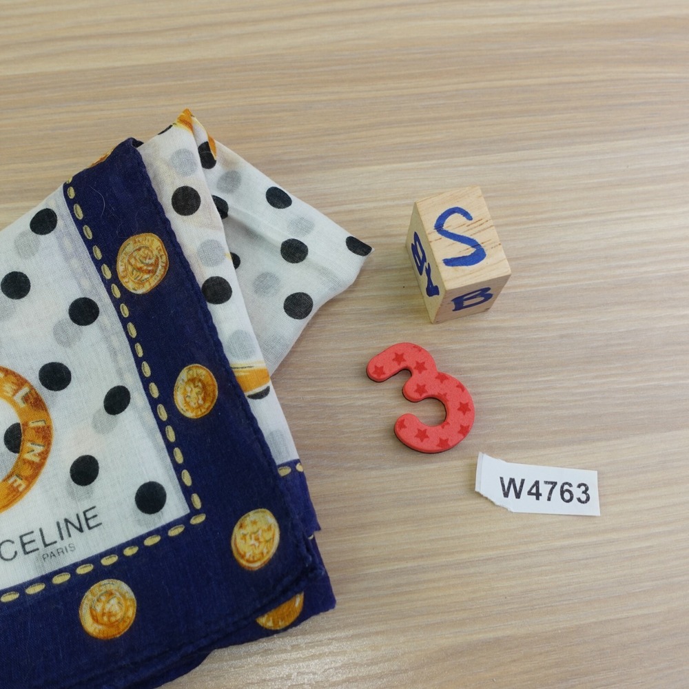 90s VTG CELINE Paris Handkerchief Blue Gold Medallion Chain Dots AUTH Luxe 17x17 - Picture 11 of 11